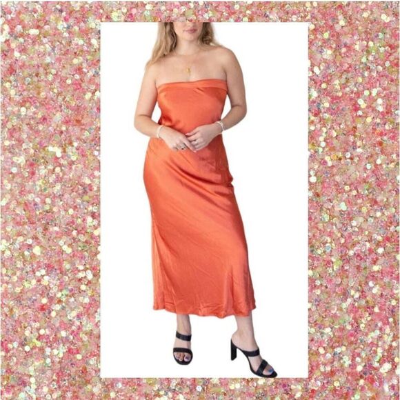 Formal Melon Orange Strapless Empire Waist Mid Length Cocktail Evening Dress - Picture 1 of 9